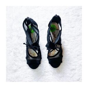 Sam Edelman Black Mesh Heels Open Toe Bow Accent SZ9.5